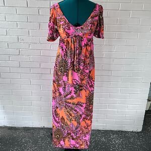 Vintage 70s bright orange and pink psychedelic print maxi dress